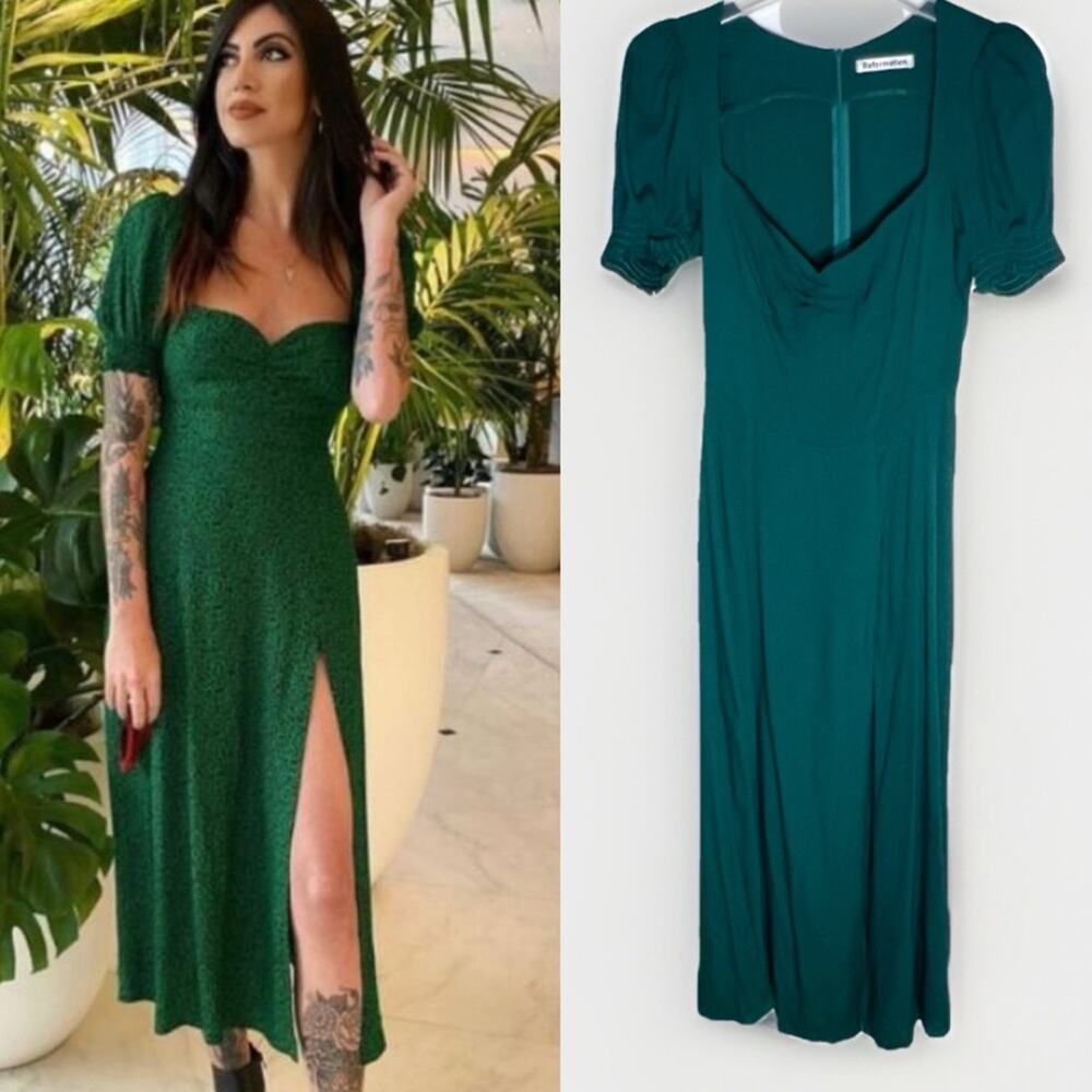 Reformation Lacey Midi Slit Dress in Green Emerald  Sz 4